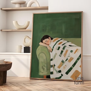 Smaragdgrün Abstrakte Menschen Kunst, Minimal Japandi Streifen Weibliche Abstrakte Malerei, Figurative Kunst, Menschen Malerei Abstrakte Eklektische Drucke