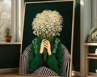 Emerald Green Woman with Daisies Art Print: Japandi Female Portrait