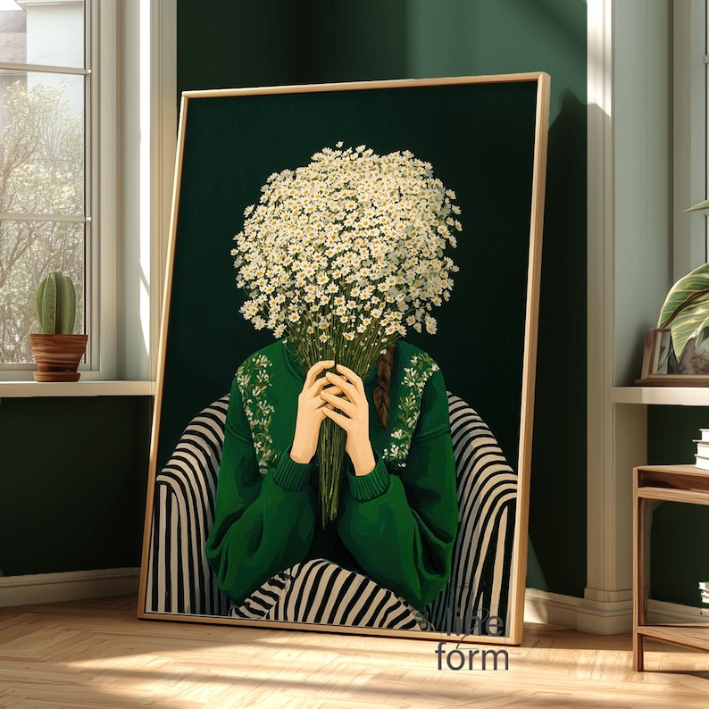 Emerald Green Woman With Daisies Art Print: Japandi Female Portrait - Etsy