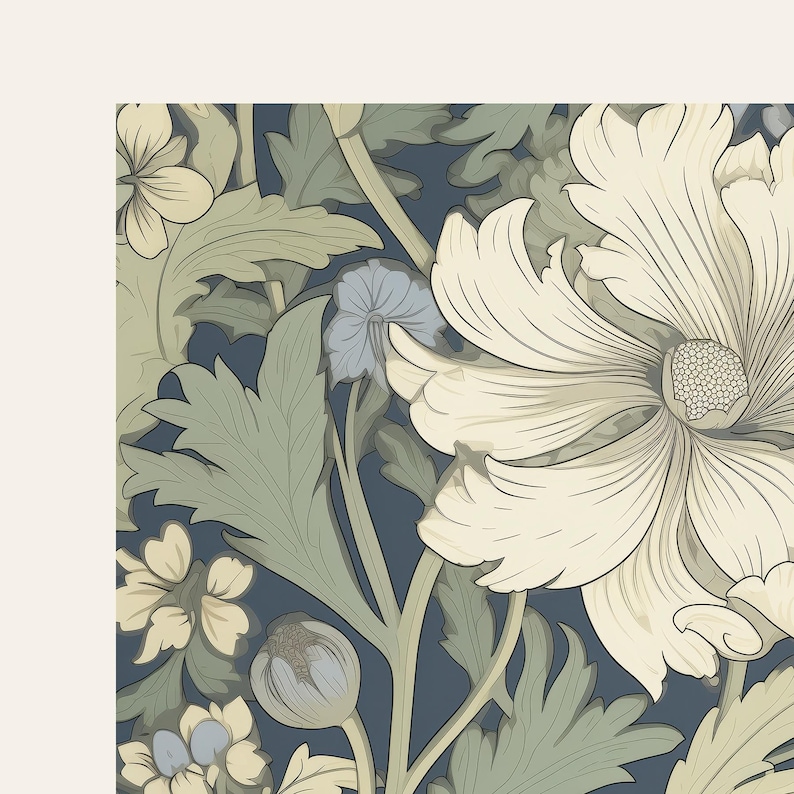 Peut inclure: Motif floral d&eacute;taill&eacute; avec de grandes fleurs cr&egrave;me aux d&eacute;tails complexes, sur fond bleu marine. Le motif comprend des feuilles vertes et de petits boutons floraux bleu clair, cr&eacute;ant une esth&eacute;tique classique et &eacute;l&eacute;gante.