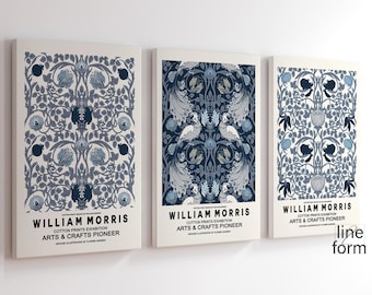 Lot de 3 estampes d'exposition William Morris : bleu botanique Art nouveau (téléchargement numérique)