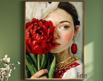 Peony Woman Portrait Art Print: Abstract Floral Female Wall Art