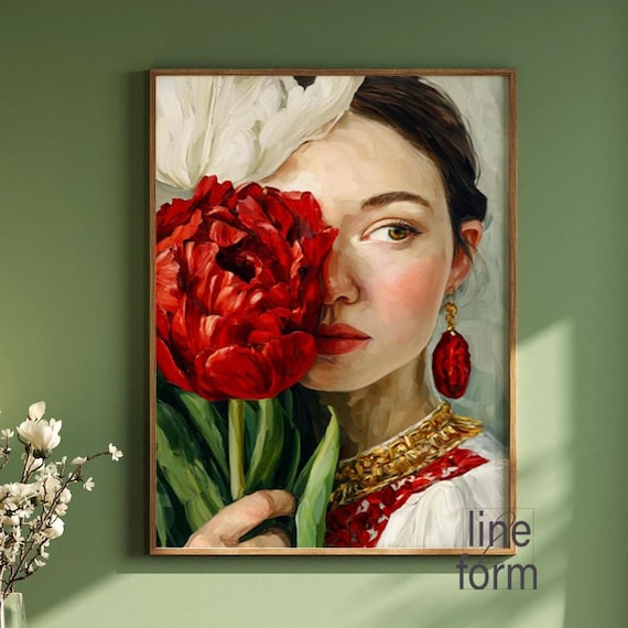 Peony Woman Portrait Art Print: Abstract Floral Female Wall Art