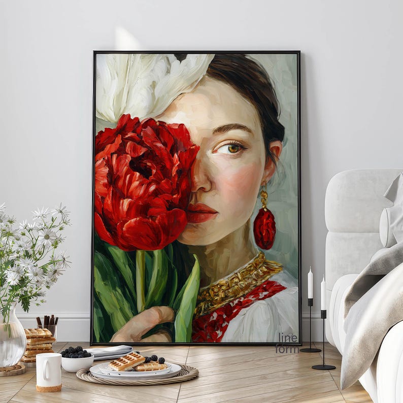 Puede incluir: Retrato enmarcado de una mujer sosteniendo un gran tulip&aacute;n rojo, que le cubre parcialmente la cara. Lleva una blusa blanca con bordados rojos, joyas doradas y pendientes rojos. Una pluma blanca est&aacute; detr&aacute;s de su cabeza. La obra tiene un estilo suave y pict&oacute;rico.