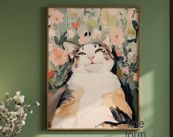 Colorful Sleeping Cat Art Print: Maximalist Home Decor (Digital Download)
