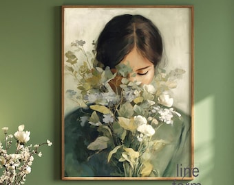 Green Woman with Flowers Art Print: Abstract Female Japandi Portrait