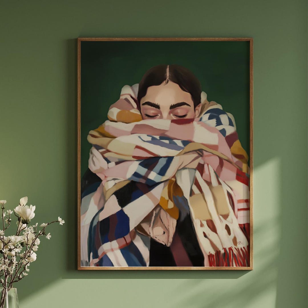 Abstract Woman Portrait Art Print: Green Background, Patterned Blanket ...