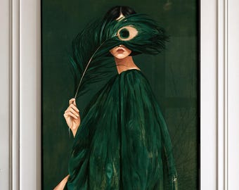 Emerald Green Woman Portrait Print - Peacock Feather Art