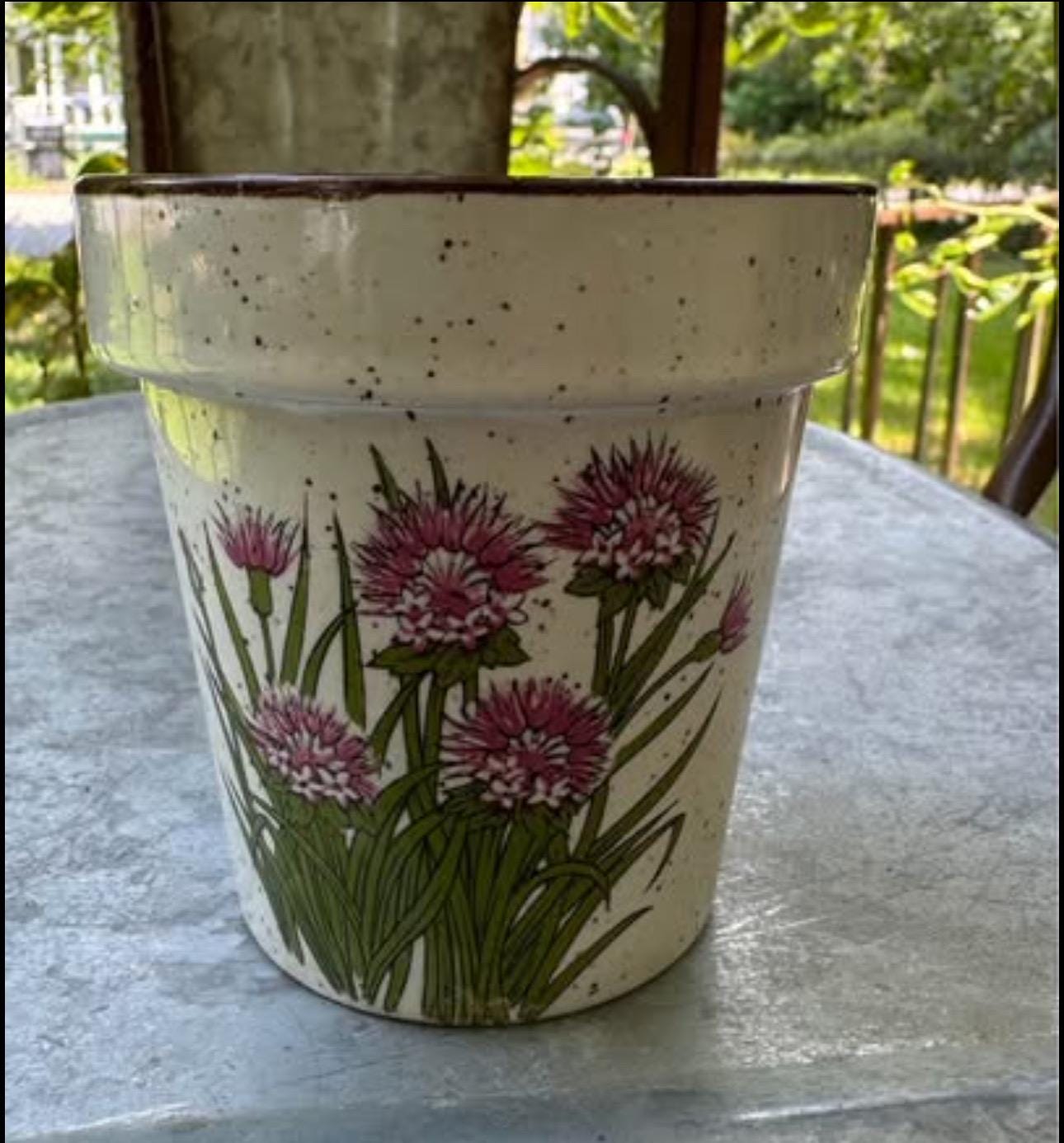 Vintage Takashi Japanese Speckled Ceramic Flower Pot Chive Blossom