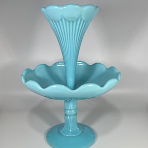 Vintage Vallerysthal & Portieux Blue Opalescent Milk Glass Epergne | French Scalloped Trumpet Vase Centerpiece | Grandmillenial | French