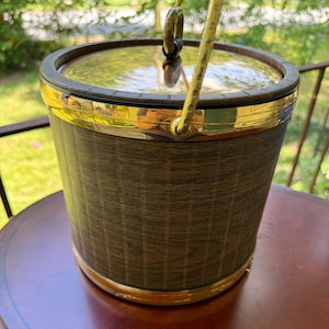 Mid-Century Kraftware Ice Bucket: Faux Leather & Gold Trim Barware