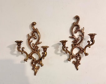 Apliques de pared estilo Hollywood Regency vintage / Portavelas Syroco / Decoración de pared rococó dorada / Par de apliques góticos sureños