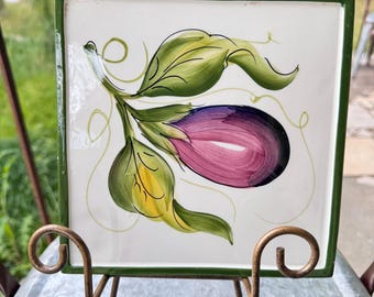 Vintage ABC Bassano Italian Ceramic Tile Trivet - Hand-Painted Eggplant Wall Hanging - Made in Italy - Mid-Century Farmhouse Kitchen Decor