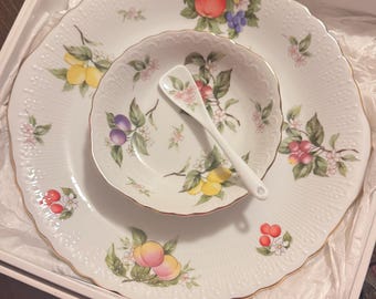 Vintage Andrea by Sadek-koekjesset inclusief lepel, handgeschilderd fruit en bloesems Cottagecore-servies Grandmillennial Entertaining