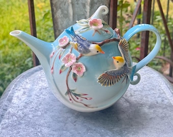 Rare Pier 1 Bird Sanctuary Teapot – Whimsical 3D Blue Bird & Cherry Blossom – Hand-Painted Porcelain – Retired Cottagecore Decor – Excellent