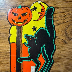 1960s Beistle Halloween Die Cut | Black Cat, Jack-O’-Lantern & Moon | One-Sided Cardboard | HE Luhrs Black Cat