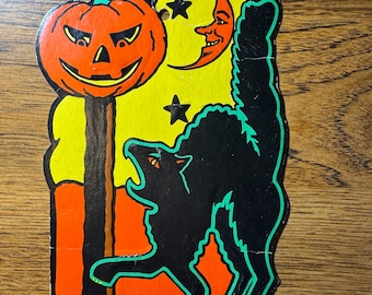 1960s Beistle Halloween Die Cut | Black Cat, Jack-O’-Lantern & Moon | One-Sided Cardboard | HE Luhrs Black Cat