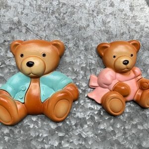 Vintage Boy & Girl Bear Wall Hangings | Pastel Nursery Decor | Whimsical Bear Plaques | Kids Retro Decor | Nursery Rhymes | Teddy Bear Decor