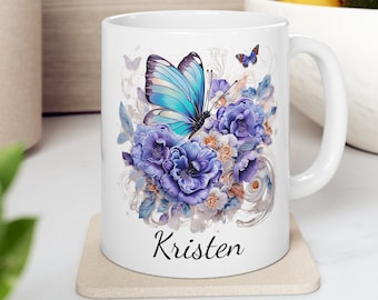 Personalized Butterfly Coffee Mug: Floral Butterfly Lover Gift