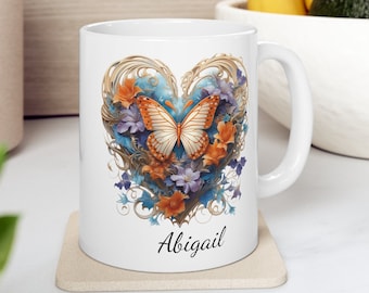 Personalized Butterfly Coffee Mug, Floral Heart, Butterfly Lover Gift