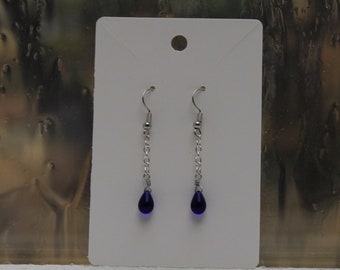 Blue and Silver Glass Teardrop Bead Earrings