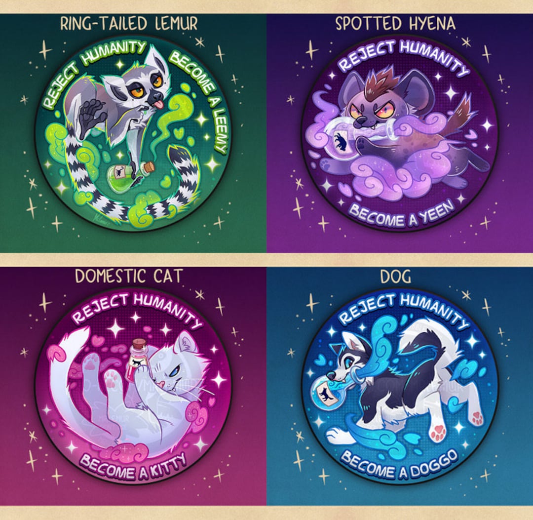 Lemur, Hyena, Cat & Dog BADGE / MAGNET Fantasy Transformation Potion