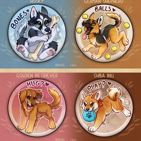 Husky, German Shepherd, Golden Retriever & Shiba Inu - BADGE / BIG MAGNET