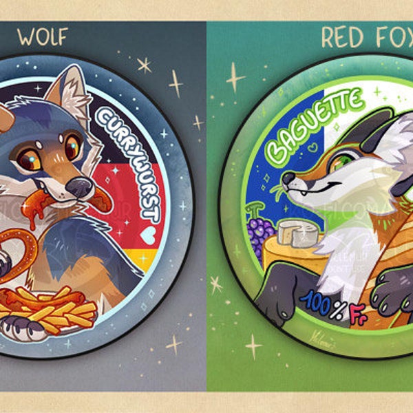 Wolf & Fox - MAGNET / BIG BADGE  : German Wolf loves currywurst and French Fox loves baguette