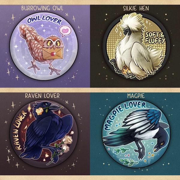 Owl, Silkie Hen, Raven & Magpie - BADGE / BIG MAGNET