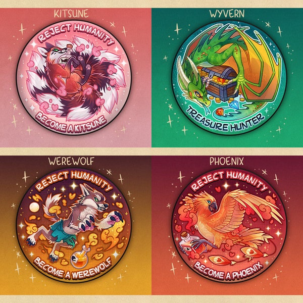 Kitsune, Wyvern, Werewolf & Phoenix - BADGE / MAGNET: Fantasy Potion Animal