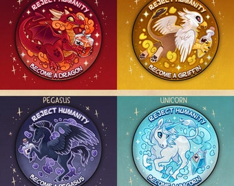 Dragon, Griffin, Unicorn & Pegasus - BADGE / MAGNET