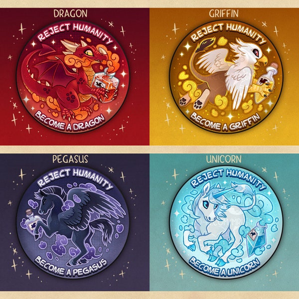 Dragon, Griffin, Unicorn & Pegasus - BADGE / MAGNET