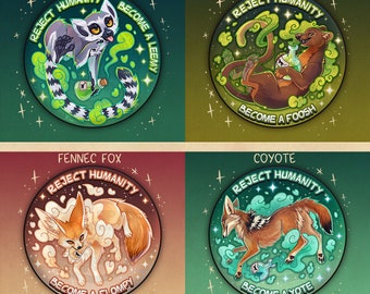 Coyote, Fennec fox, Lemur & Fossa - BADGE / MAGNET: Transformation Potion Button