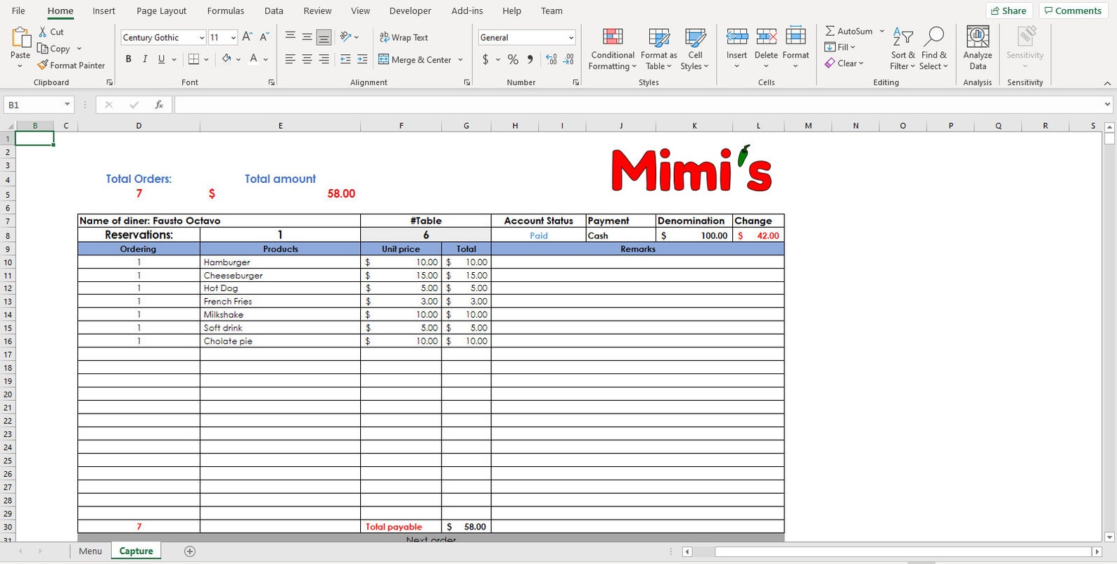 Order entry template for small restaurants basic excel Etsy