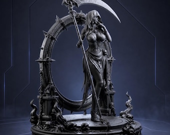 May include: A dark gray resin figurine of a hooded figure holding a large scythe, standing before a circular portal frame adorned with skulls. The base features sculpted flames and skulls. Text at the top reads TWY3D 3D PRINT USA.