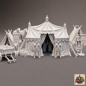 May include: A miniature tabletop gaming set featuring a large central tent with two guards standing at the entrance, two smaller tents, a wooden cart, two horses, and various barrels. The set is rendered in a solid light gray color with detailed textures.