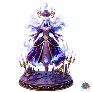 Peut inclure: Une figurine fantastique représentant une silhouette spectrale aux longs cheveux blancs, vêtue d'une robe violette et dorée, flottant au-dessus d'une base circulaire fissurée. Elle porte une couronne de bougies et des cristaux violets.