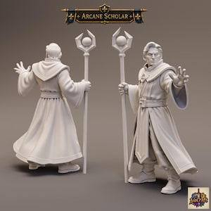 May include: A white unpainted resin miniature figure titled Arcane Scholar, shown from front and back views. The figure wears a long robe with a high collar, a wide belt, and boots, holding a tall staff topped with a sphere. The IzuCraft logo is visible.