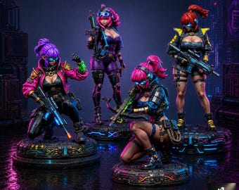 May include: Four detailed action figures of female characters with vibrant pink hair, wearing tactical gear and futuristic outfits. Each figure holds a weapon, including rifles and a crossbow, and stands on a circular, glowing, tech-inspired base.