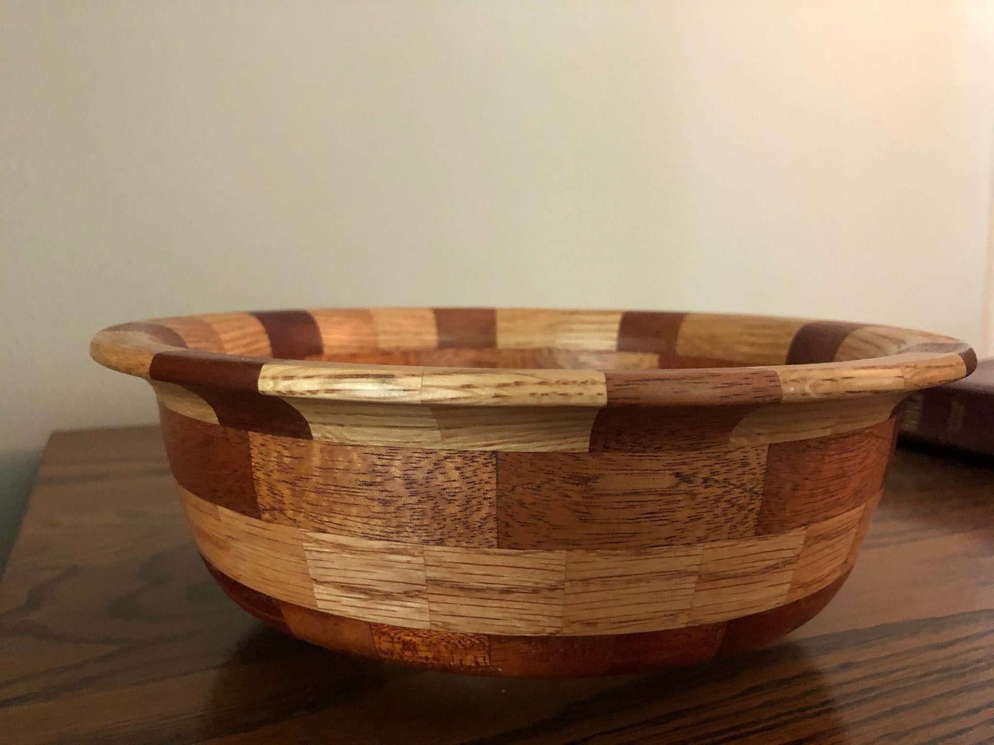 Hand turned Wood Salad Bowl handcrafted from Mahogany and Oak. Etsy