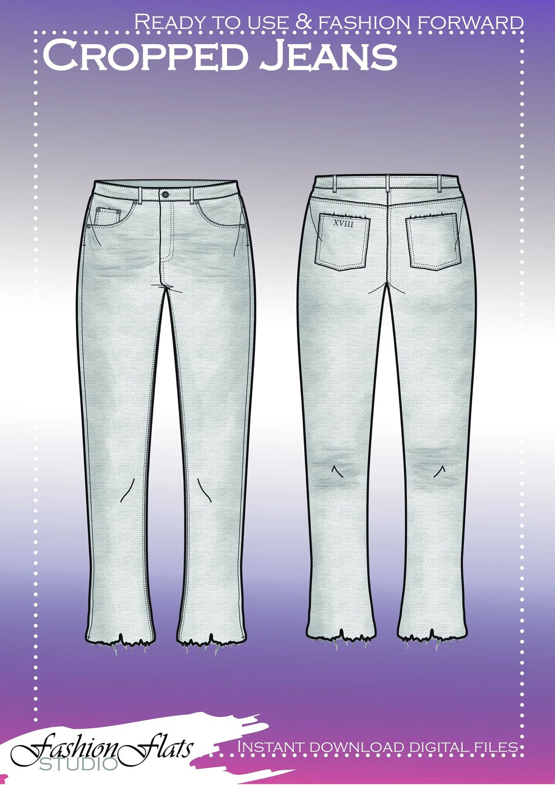 Womens Cropped Jeans Fashion Flat Sketch Instant Download File Fashion ...