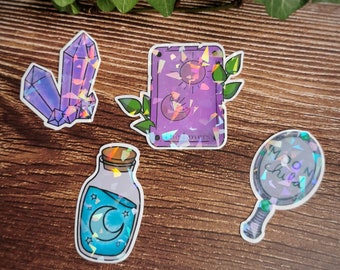 Holographic Sticker Set Witchy style - Magic stickers with holographic design - crystal, mirror, potion bottle, tarot card