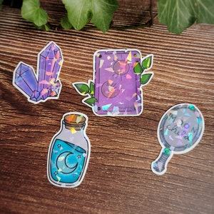 Holographic Sticker Set Witchy style Magic stickers with holographic design crystal, mirror, potion bottle, tarot card image 1