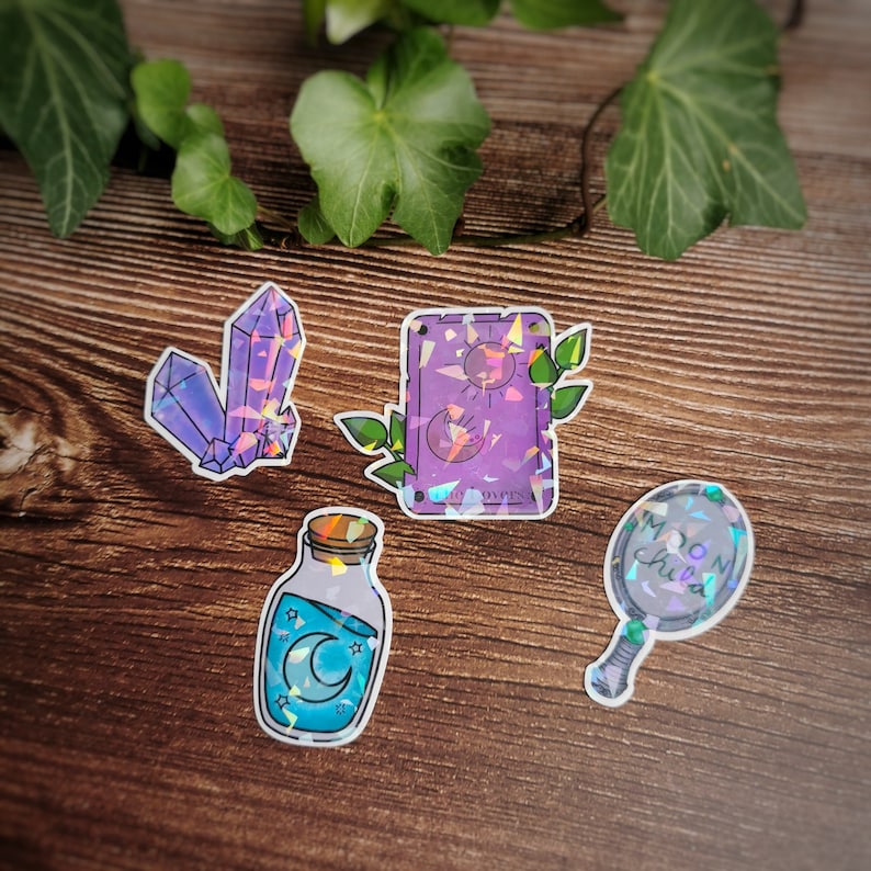 Holographic Sticker Set Witchy style Magic stickers with holographic design crystal, mirror, potion bottle, tarot card image 1