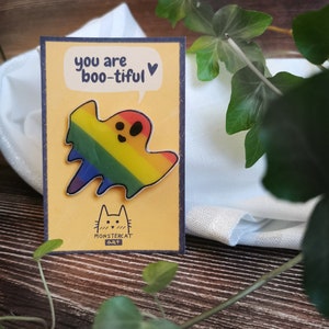 RainBoo sweet handmade ghost pin rainbow queer Halloween witchy cute ocCUTEism Rainbow Pride Colors image 1