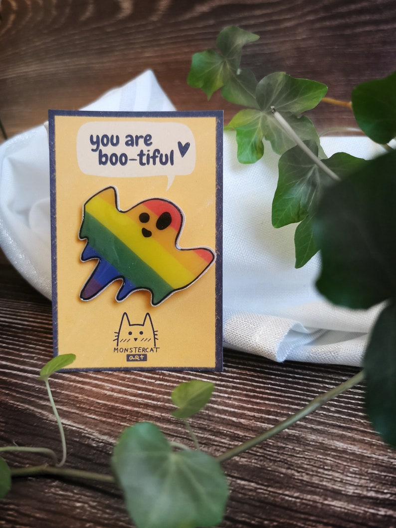RainBoo sweet handmade ghost pin rainbow queer Halloween witchy cute ocCUTEism Rainbow Pride Colors image 1