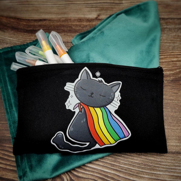 Kleines Mäppchen mit Katzen Illustration, Pride Cat Etui, Perfekt für Stifte, Schminke oder Kleinkram, Regenbogen Flagge