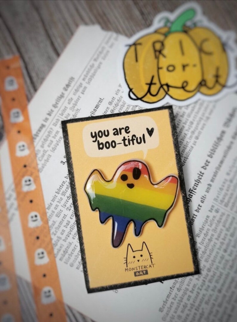 Pin Badge LGBTQ, Ghost Pin Badge, Pride Rainbow Patch, Kawaii RainBoo, Handmade Resin Pin, love, queer, ghost, bootiful image 2