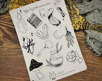 Witchy Ink Sticker Sheet, sticker set with 13 different stickers for witches, black and white sticker sheet magic witchcraft