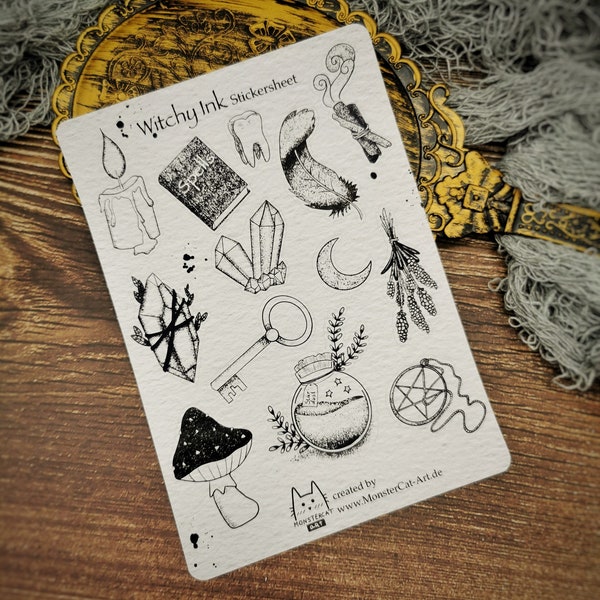 Witchy Ink Sticker Sheet, sticker set with 13 different stickers for witches, black and white sticker sheet magic witchcraft